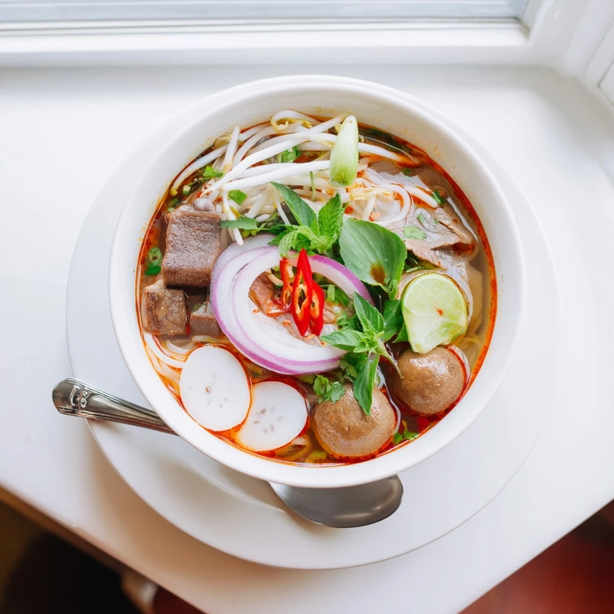 Spicy Bun Bo Hue soup served with lime wedges, fresh herbs, and vibrant chili oil drizzle.
