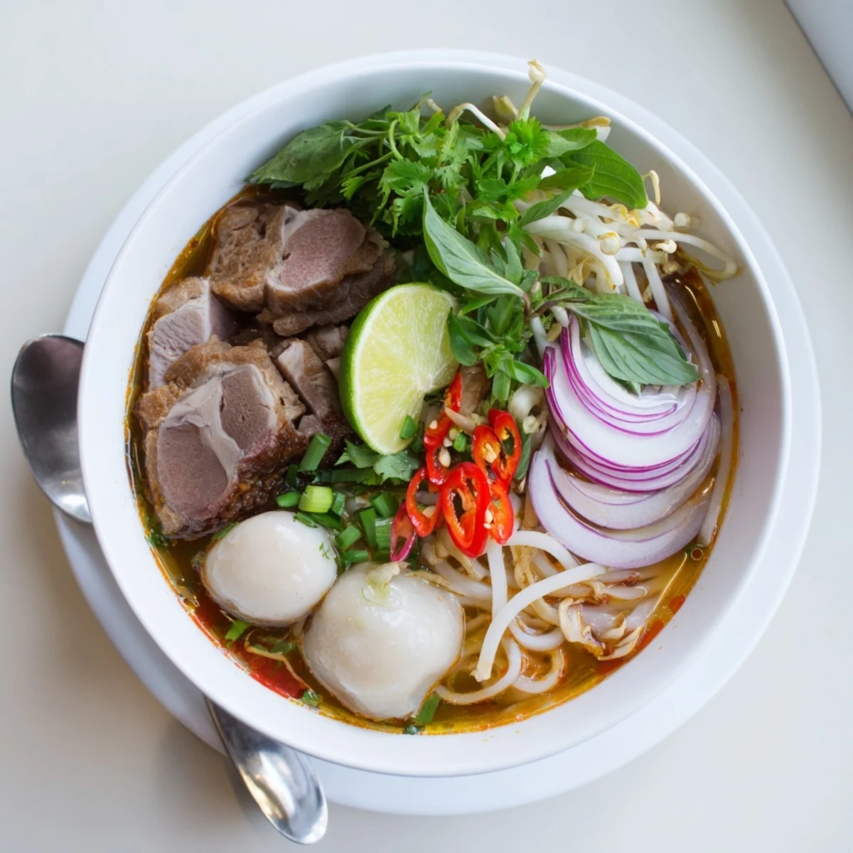 A steaming bowl of Bun Bo Hue with thick rice noodles, tender beef slices, and aromatic herbs.