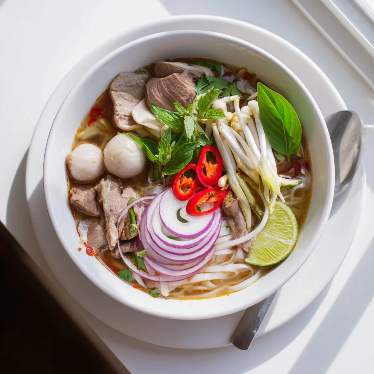 A close-up of Bun Bo Hue featuring savory beef, pork hock, and rich lemongrass broth.