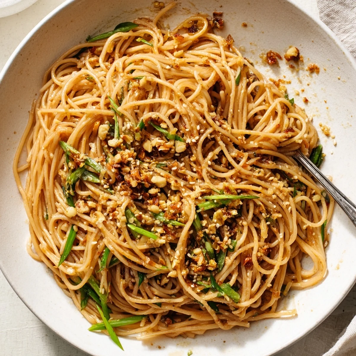 A close-up of Garliced Noodles tossed with minced garlic and sesame seeds, ready to serve.