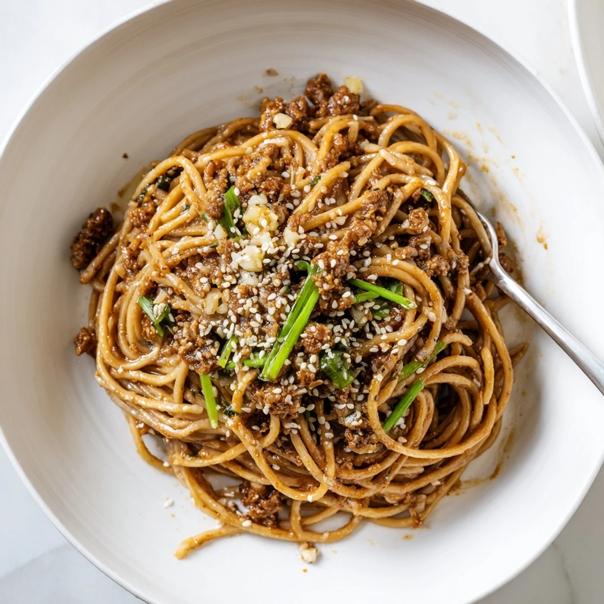 Freshly prepared Garlic Noodles on a plate, garnished with green onions and a sprinkle of cheese.