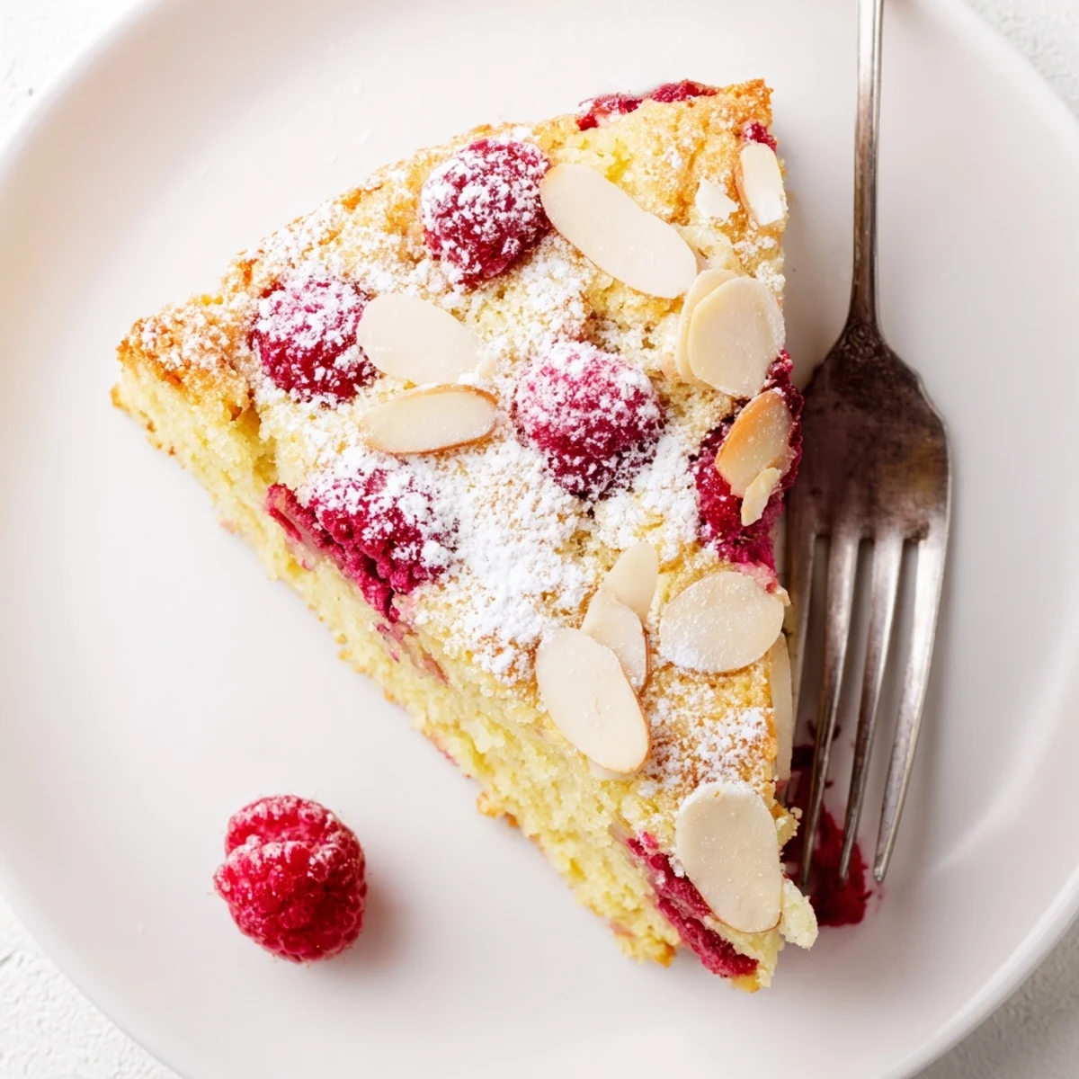 A slice of Soft Almond Raspberry Cake shows a tender crumb studded with berries, served on a rustic plate.