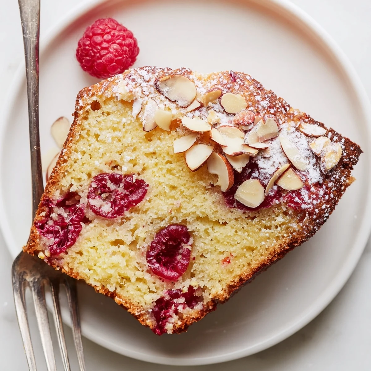 A freshly baked Soft Almond Raspberry Cake sits in a round pan, dusted with powdered sugar and ready to serve.