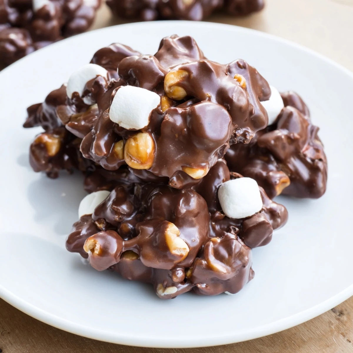Peanut Marshmallow Clusters on a white plate, with glossy chocolate coating, ready for snacking or gifting.
