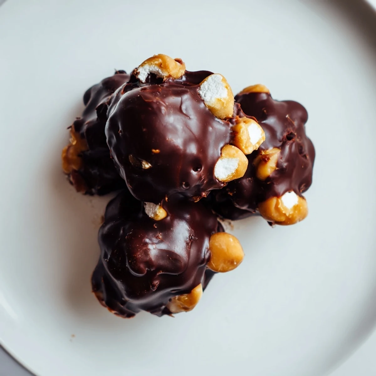 Close-up of Peanut Marshmallow Clusters, showing crunchy peanuts and soft marshmallows, stacked on a rustic wooden board.
