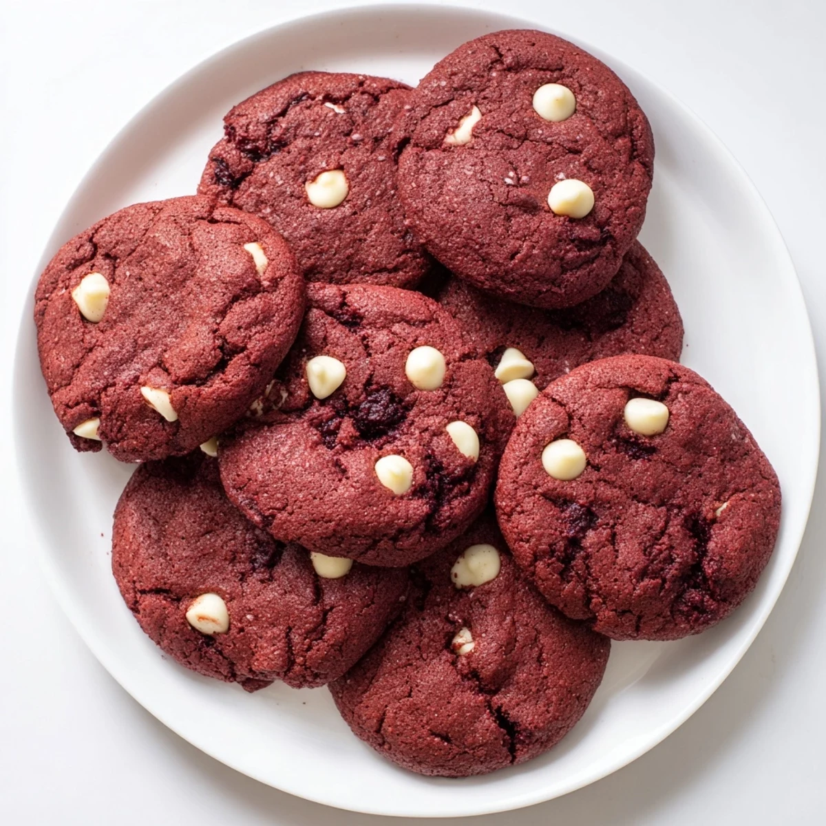 Platter of homemade Red Velvet Cookies, some stacked and others with a soft center, perfect for a party platter or afternoon snack.