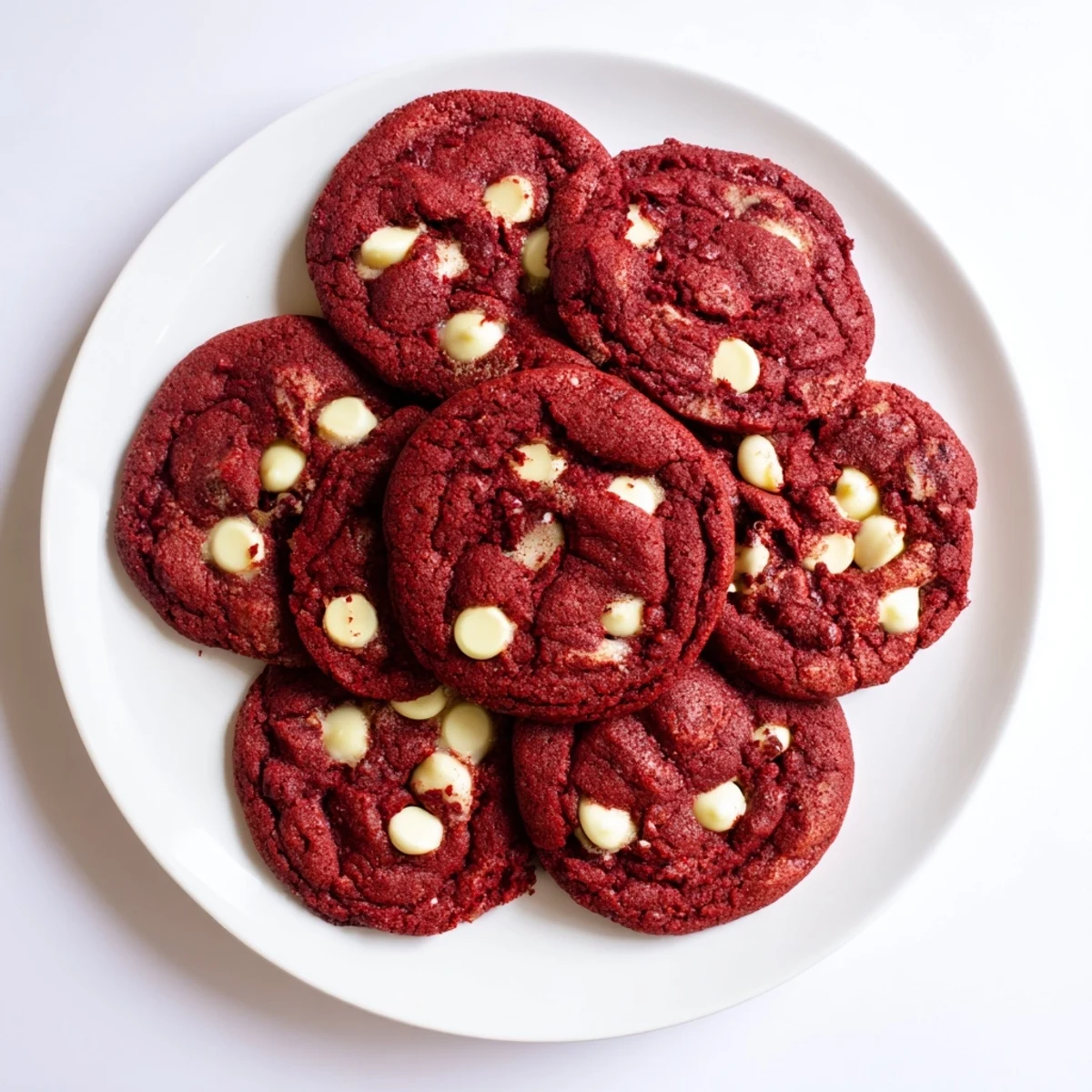 A close-up of freshly baked Red Velvet Cookies on a cooling rack, showcasing their deep red crumb and melty white chocolate chips for a decadent American dessert.