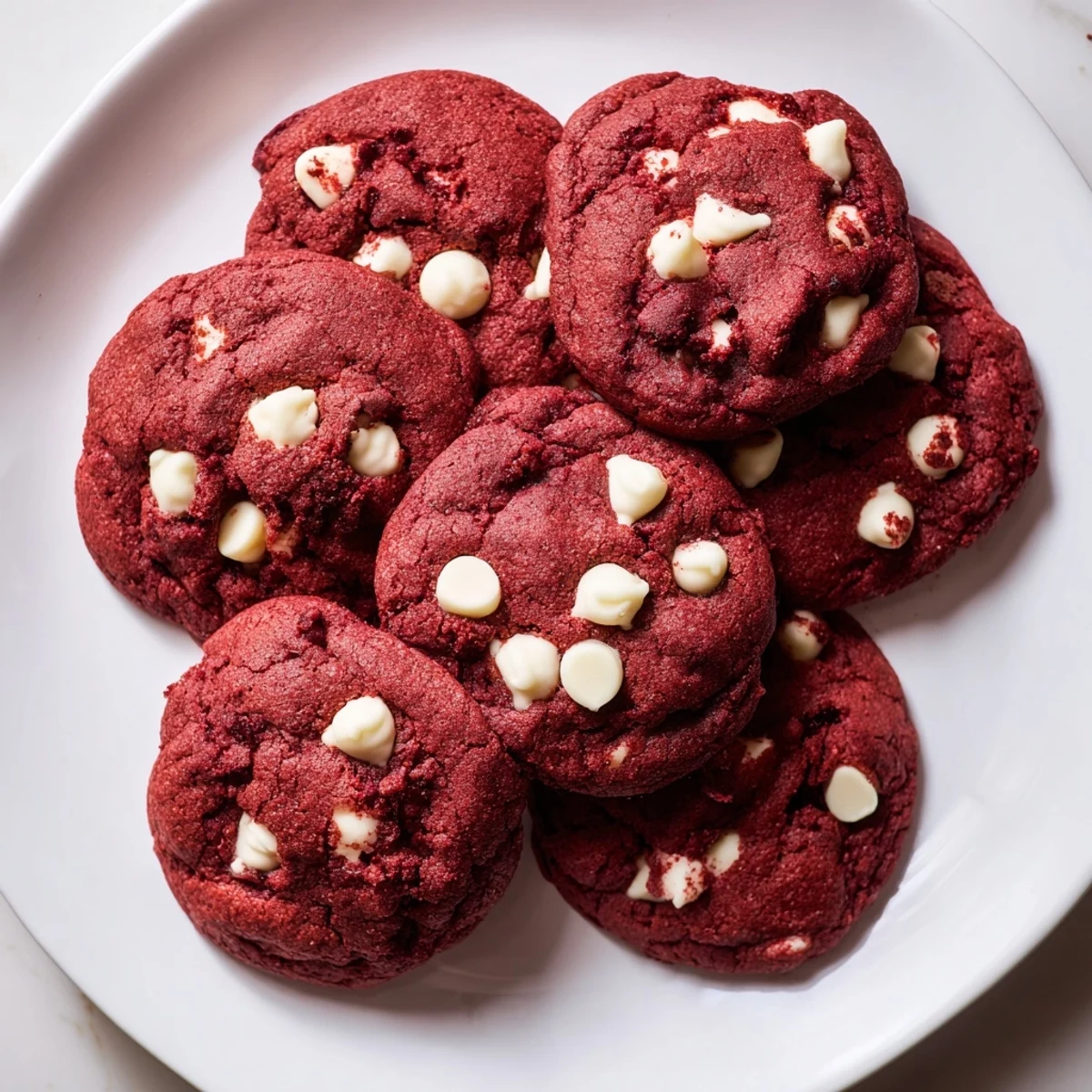 Overhead shot of Red Velvet Cookies dough scoops on a parchment-lined baking sheet, ready to be baked into moist, tangy treats.
