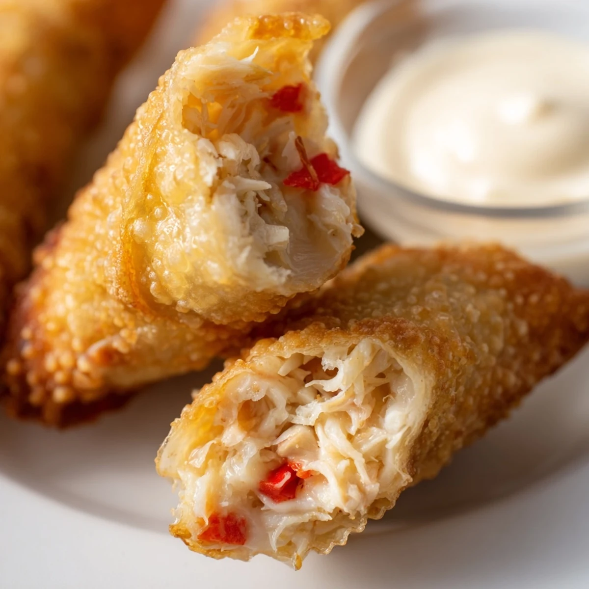 Golden fried Crab Cake Egg Rolls with a crispy exterior and savory lump crab filling served with creamy dipping sauce on a plate.