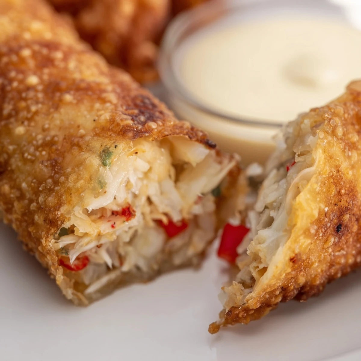 A close up of golden brown Crab Cake Egg Rolls on a white plate with fresh herbs and a lemon wedge garnish.