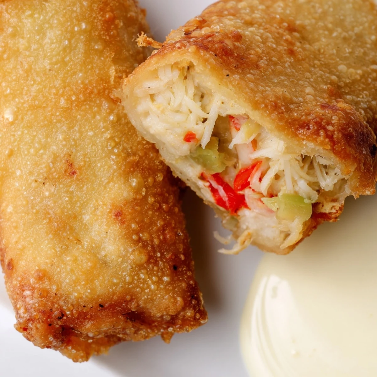 Freshly cooked Crab Cake Egg Rolls arranged on a serving platter with a side of spicy mayo dipping sauce for an appetizer.