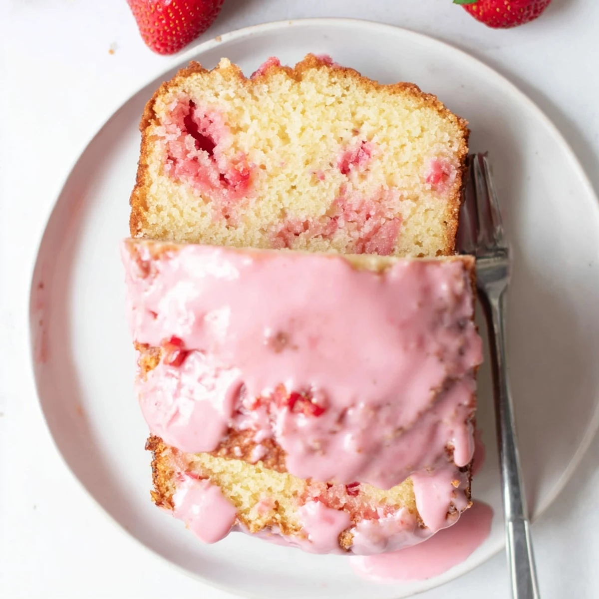 Moist Strawberry Milkshake Pound Cake on a white plate with fresh berries and whipped cream.
