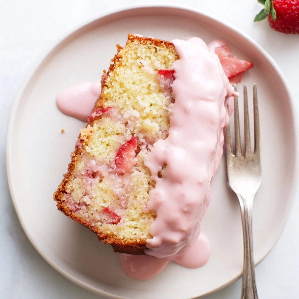 Warm Moist Strawberry Milkshake Pound cake loaf on a rustic board next to a glass of milk.