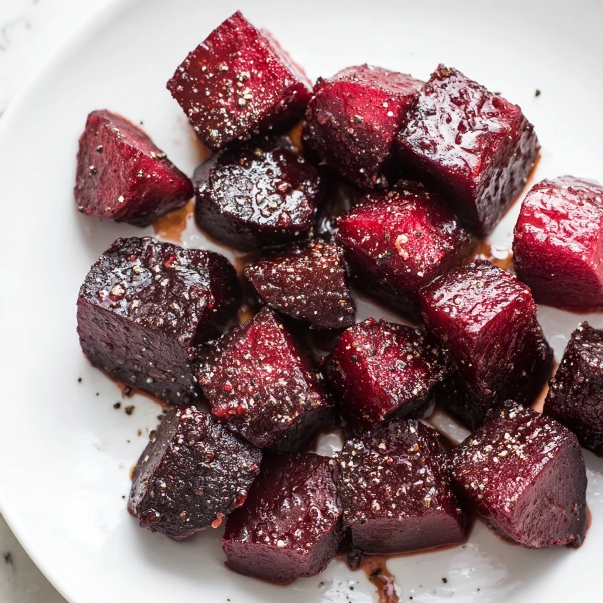 A close-up of Easy Roasted Beets, their caramelized edges glistening with olive oil on a baking sheet.