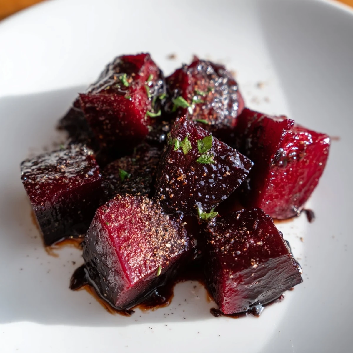 These tender, ruby-red Easy Roasted Beets are garnished with fresh thyme, served warm beside a grilled steak.