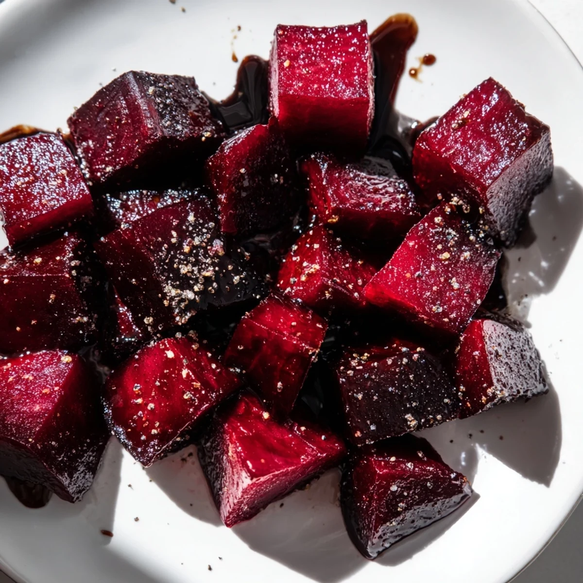 The deep burgundy cubes of Easy Roasted Beets shine with a balsamic glaze in this rustic, oven-fresh side dish.