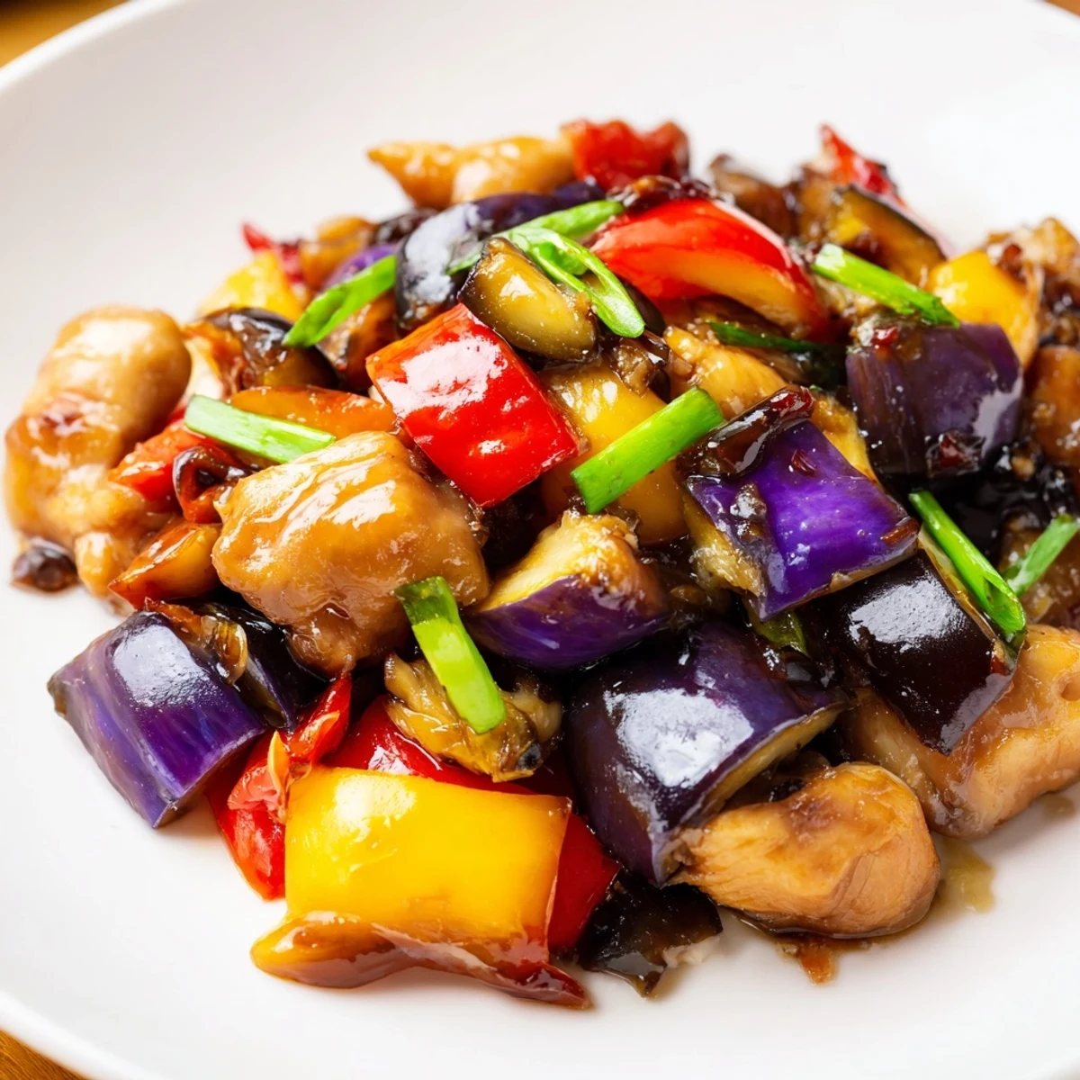 Black Vinegar Chicken With Bell Peppers And Eggplant stir-fry in a rustic wok, showing glossy sauce coating tender pieces.
