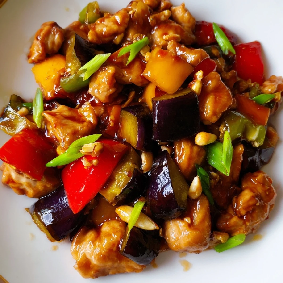A vibrant Black Vinegar Chicken With Bell Peppers And Eggplant plate featuring colorful peppers and silky eggplant cubes.