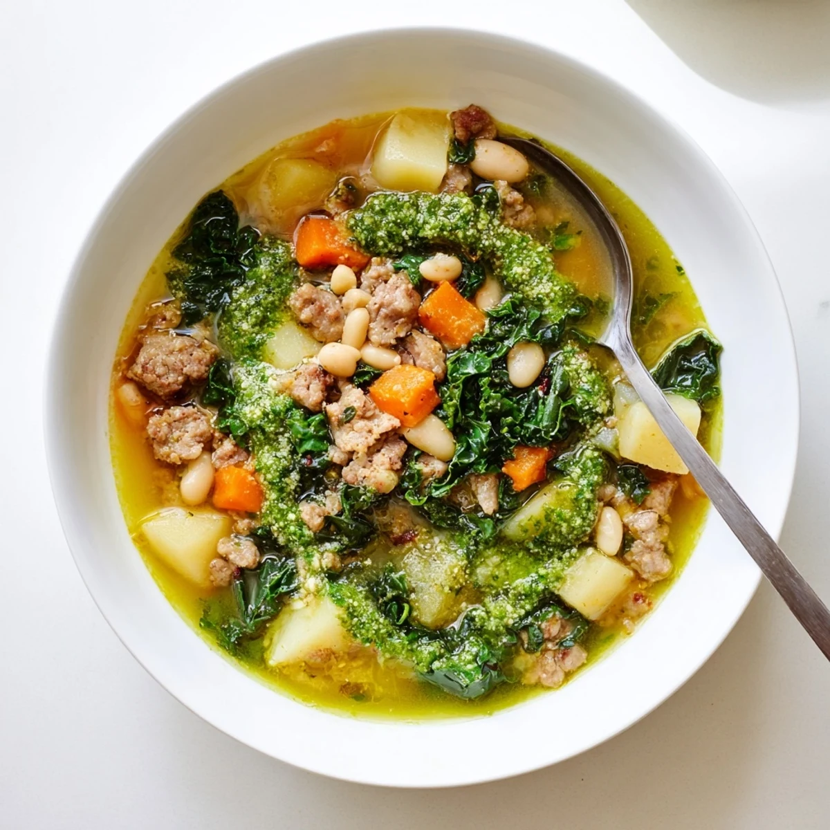 Creamy Zuppa Toscana with Basil Pesto Lemon Broth served steaming hot in a rustic bowl.