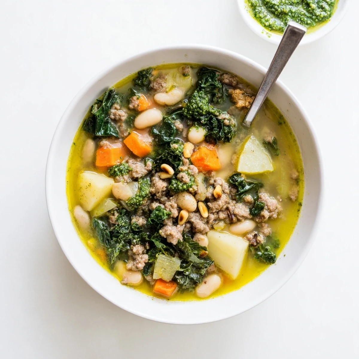 Hearty Zuppa Toscana with Basil Pesto Lemon Broth garnished with fresh basil and lemon zest.