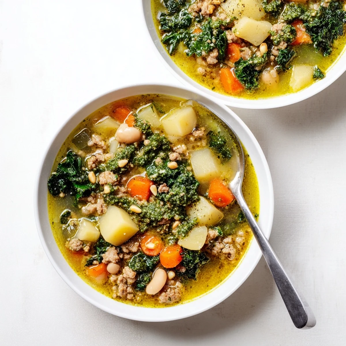Warm Zuppa Toscana with Basil Pesto Lemon Broth topped with pesto swirl near crusty bread.