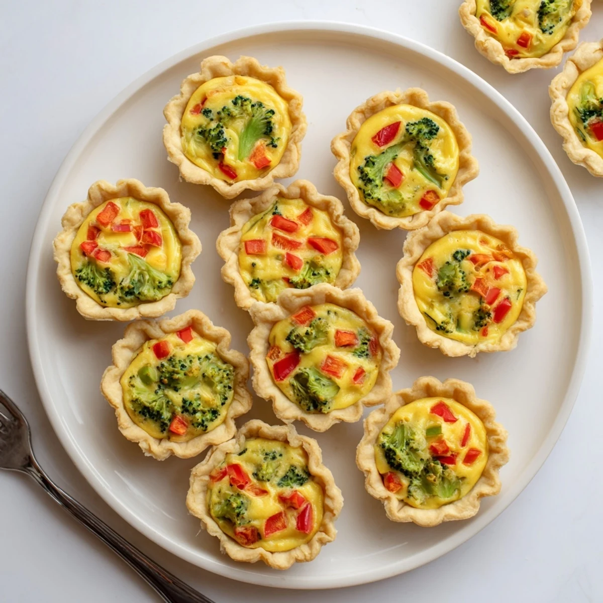 Golden-baked Vegan Mini Quiches with a flaky crust, filled with vibrant red peppers and green broccoli, served warm on a rustic wooden board.