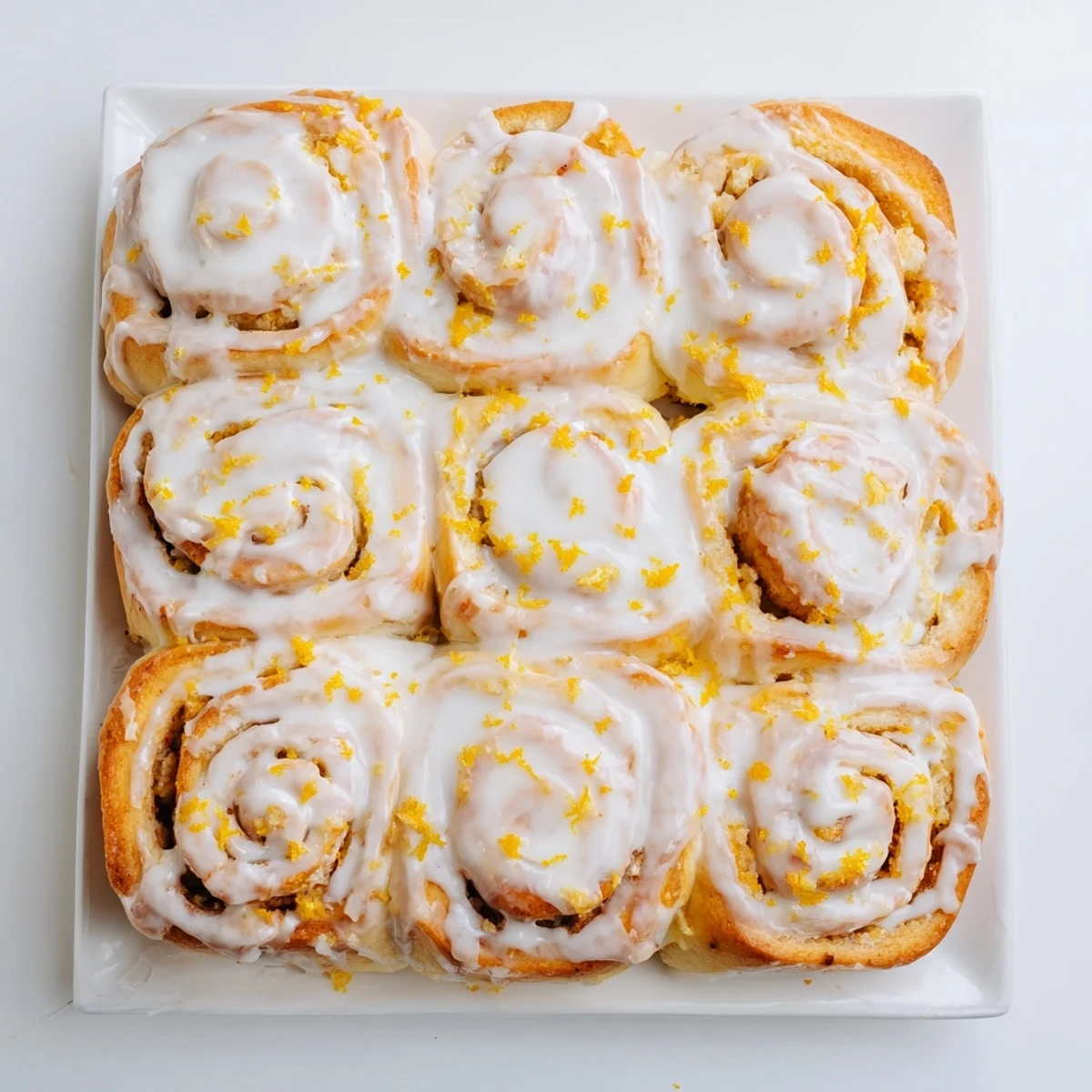 Warm Homade Glazed Orange Rolls topped with sweet citrus glaze and fresh orange zest on a breakfast plate.  