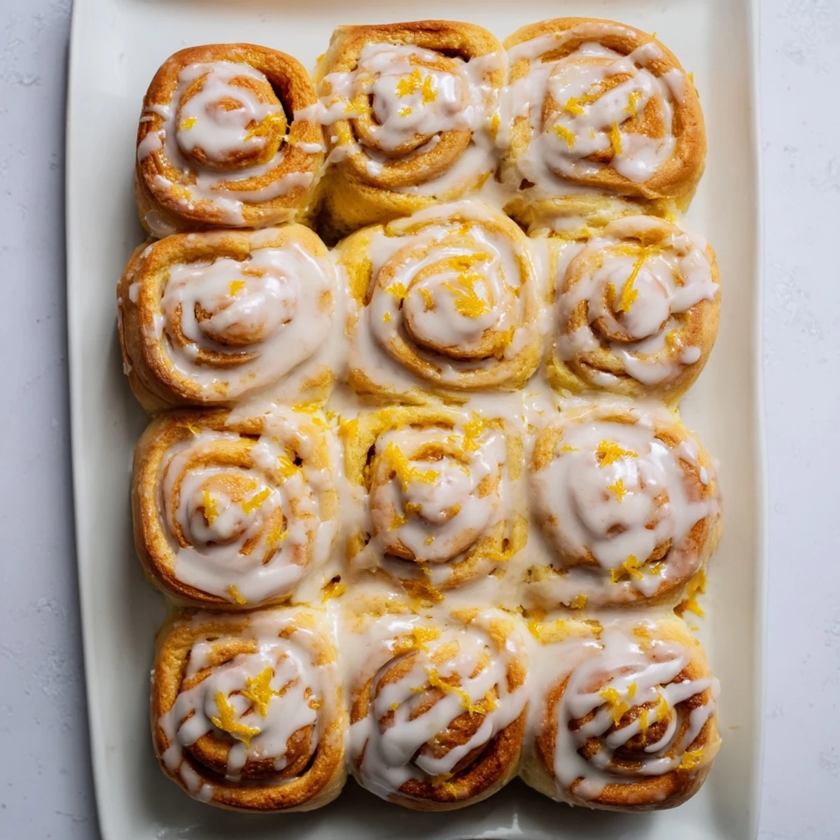 Soft Homade Glazed Orange Rolls on a wooden board with orange slices and a drizzle of glaze.