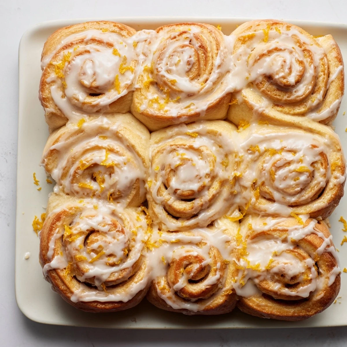 Freshly baked Homade Glazed Orange Rolls glistening with glaze beside a steaming cup of coffee.  