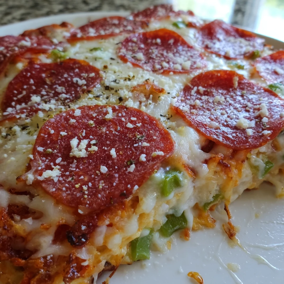A close-up of Easy Low Carb Keto Crustless Pizza Casserole with melted mozzarella and bubbling cheese on a rustic wooden table.