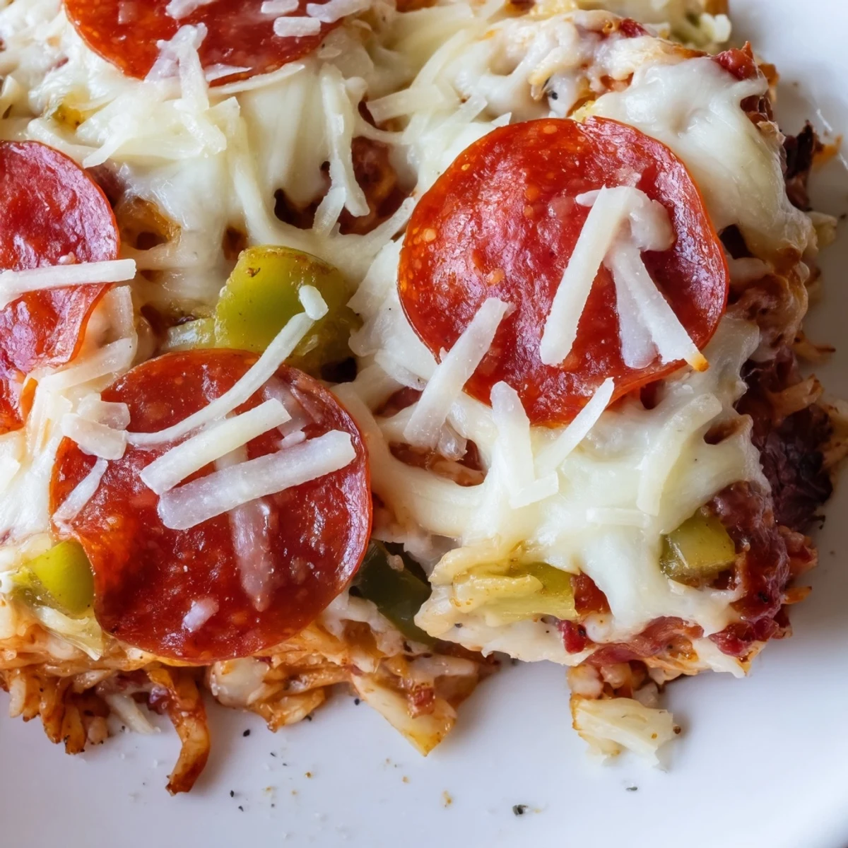 Serving suggestion for Easy Low Carb Keto Crustless Pizza Casserole garnished with fresh basil and red pepper flakes on a white plate.