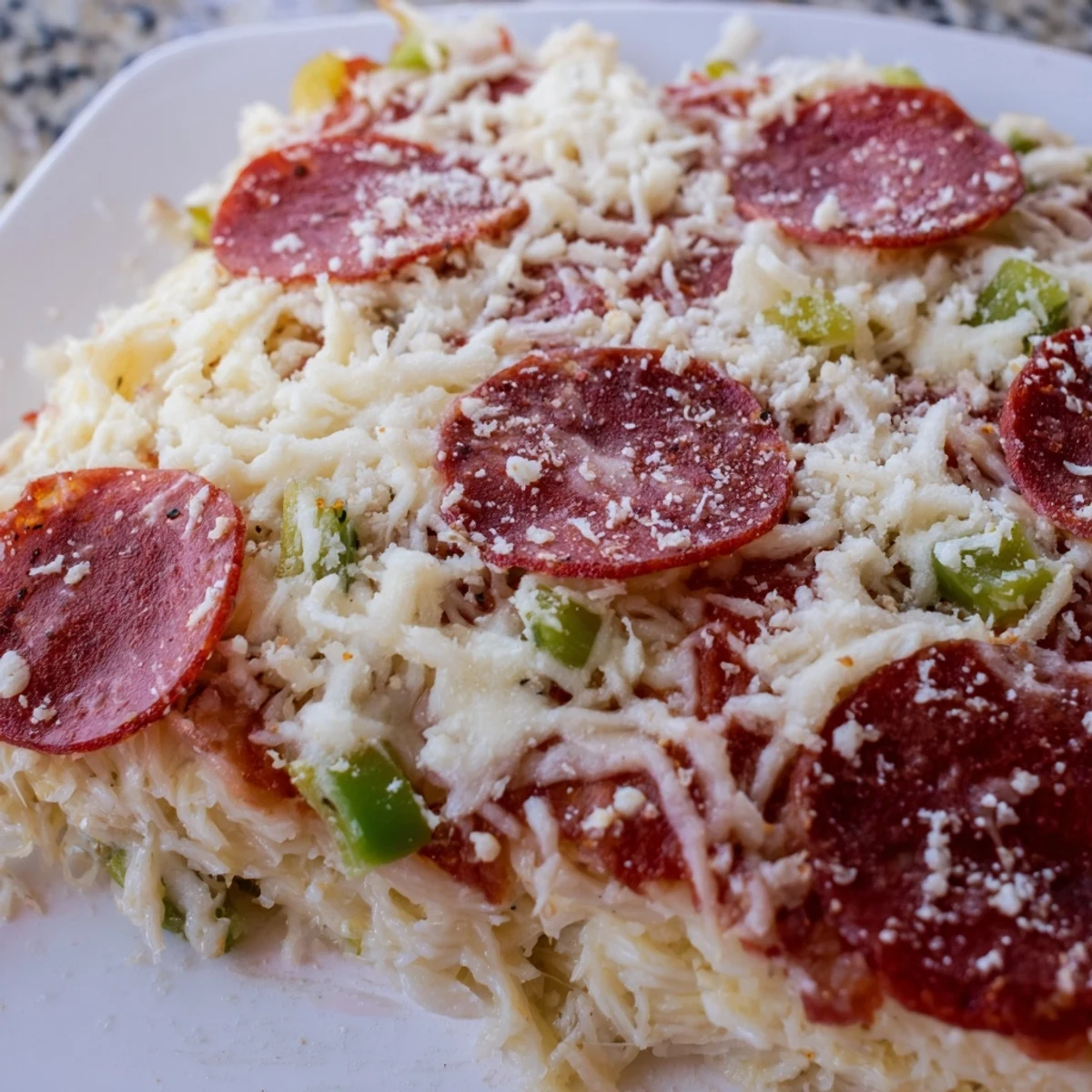 The Easy Low Carb Keto Crustless Pizza Casserole shows golden-brown pepperoni and savory sausage in a glass baking dish ready to serve.