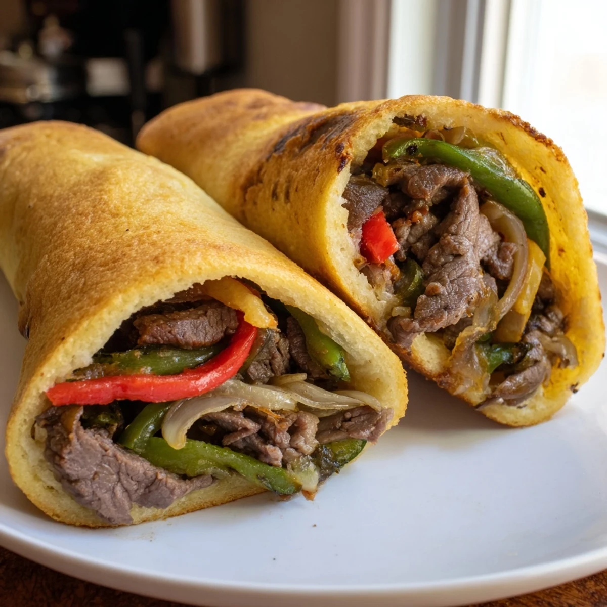 A close-up view of Ultimate Keto Philly Cheesesteak Rolls stacked on a wooden board, showing the low-carb cheesy dough texture.