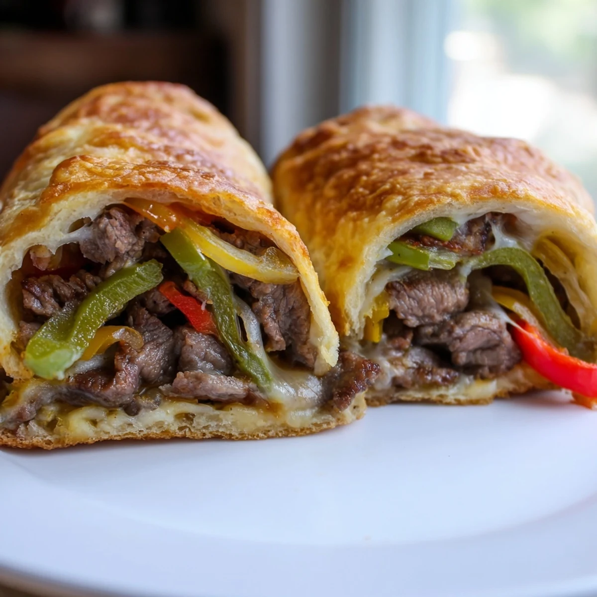 Sizzling steak, peppers, and onions stuffed into Ultimate Keto Philly Cheesesteak Rolls served on a white plate for dinner.