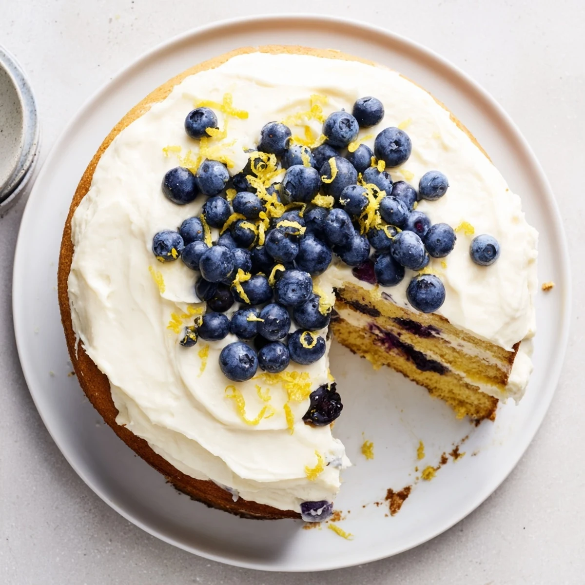 A slice of Lemon Blueberry Cake with Cream Cheese Frosting on a white plate, garnished with lemon zest.