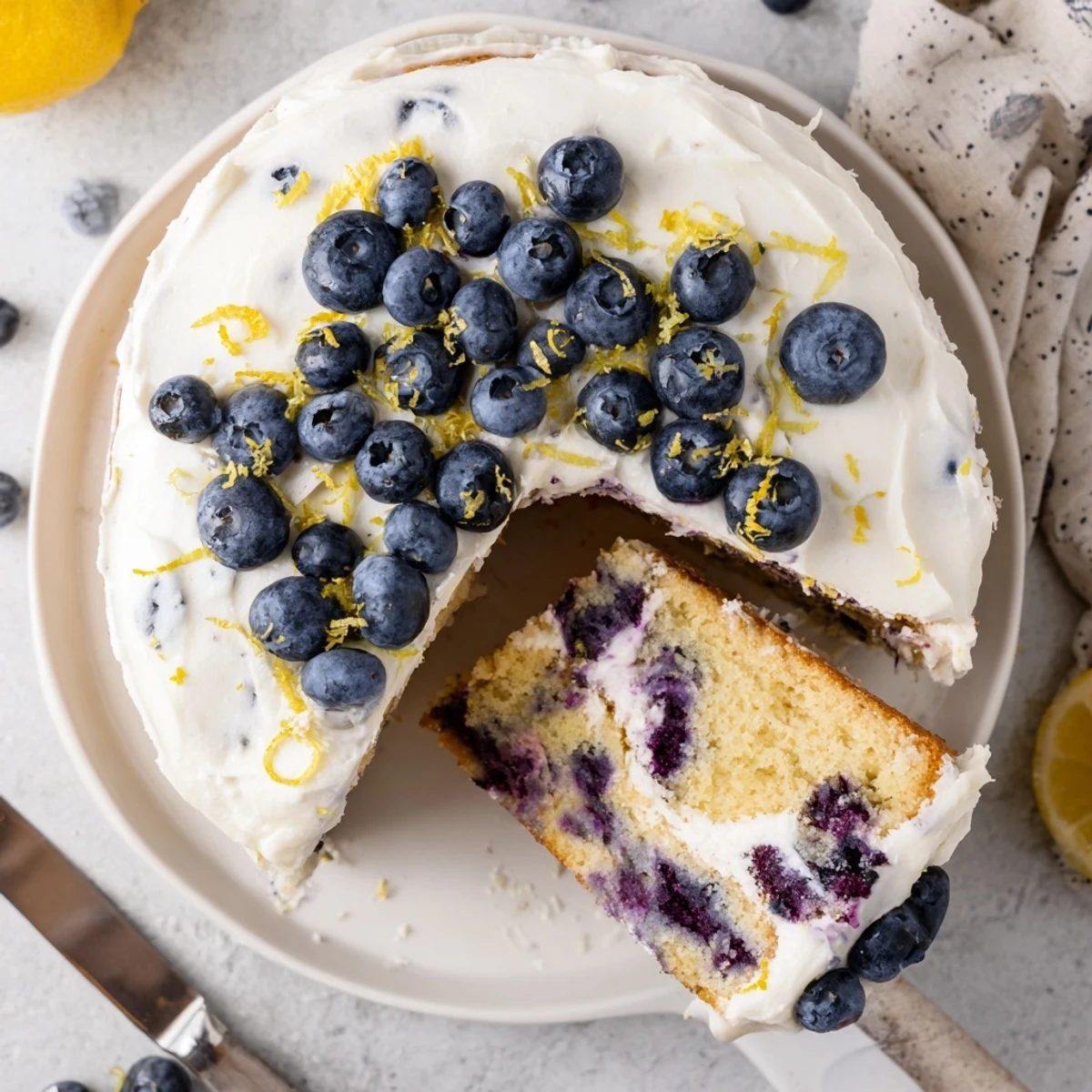 A whole Lemon Blueberry Cake with Cream Cheese Frosting, decorated with fresh blueberries and lemon slices.