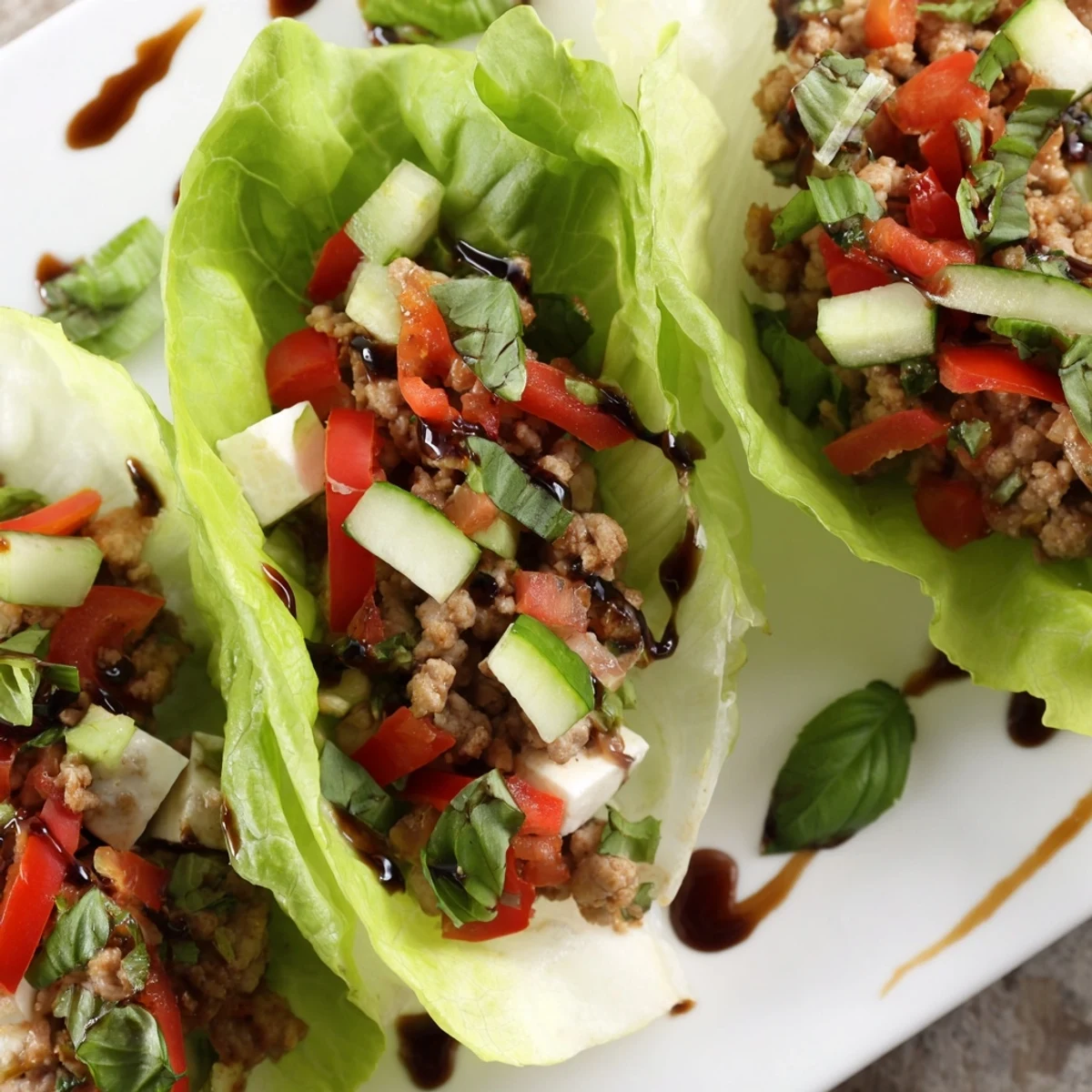 Italian Lettuce Wraps served on a platter with colorful bell peppers and cucumbers, ready for a light meal or appetizer.