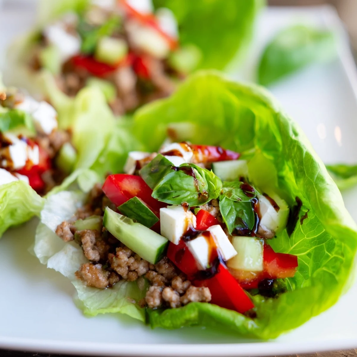 Crisp butter lettuce cups filled with savory Italian-seasoned turkey, diced tomatoes, and creamy mozzarella for a gluten-free bite.
