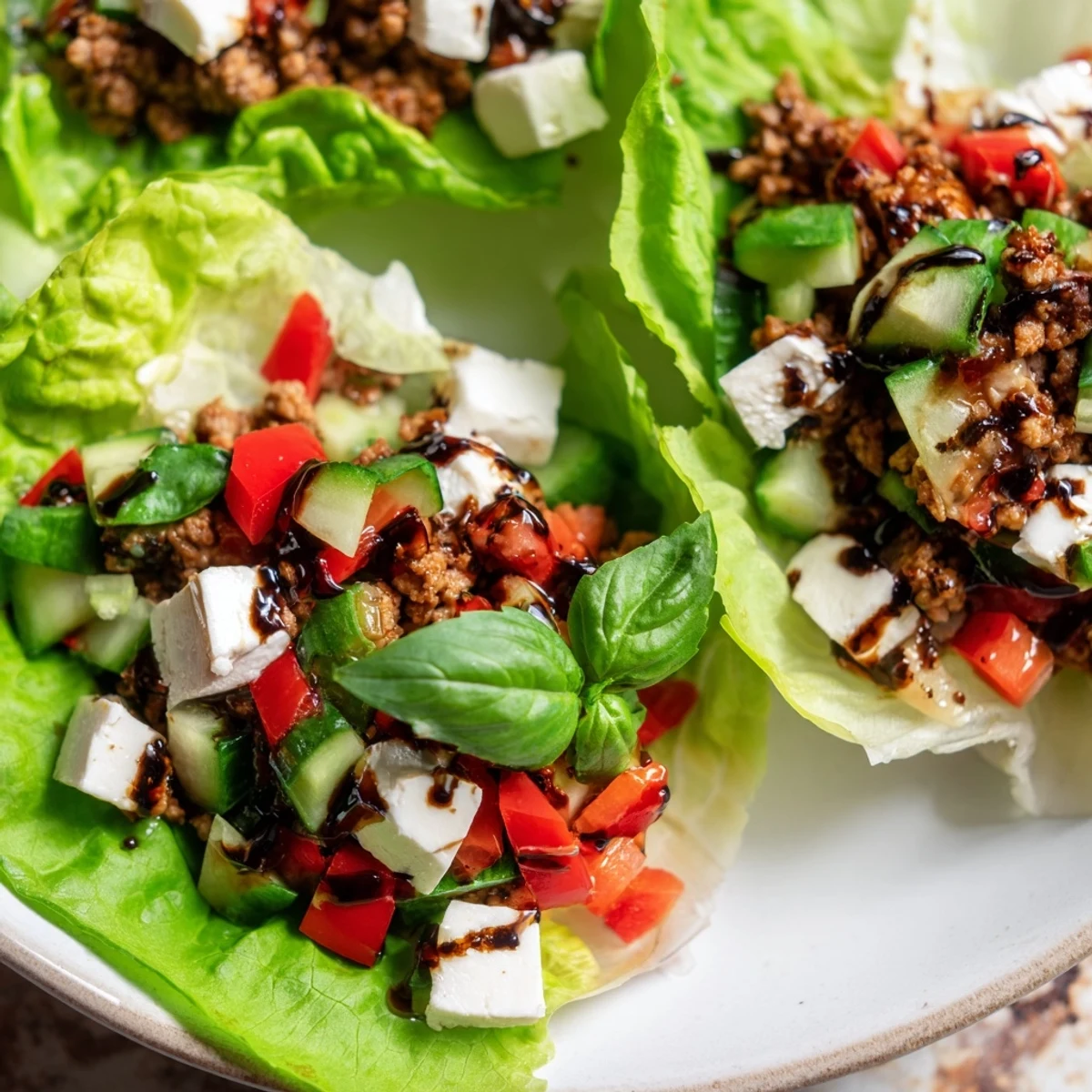 Fresh Italian Lettuce Wraps featuring ground turkey, basil, and mozzarella drizzled with balsamic glaze for a bright, low-carb dinner.