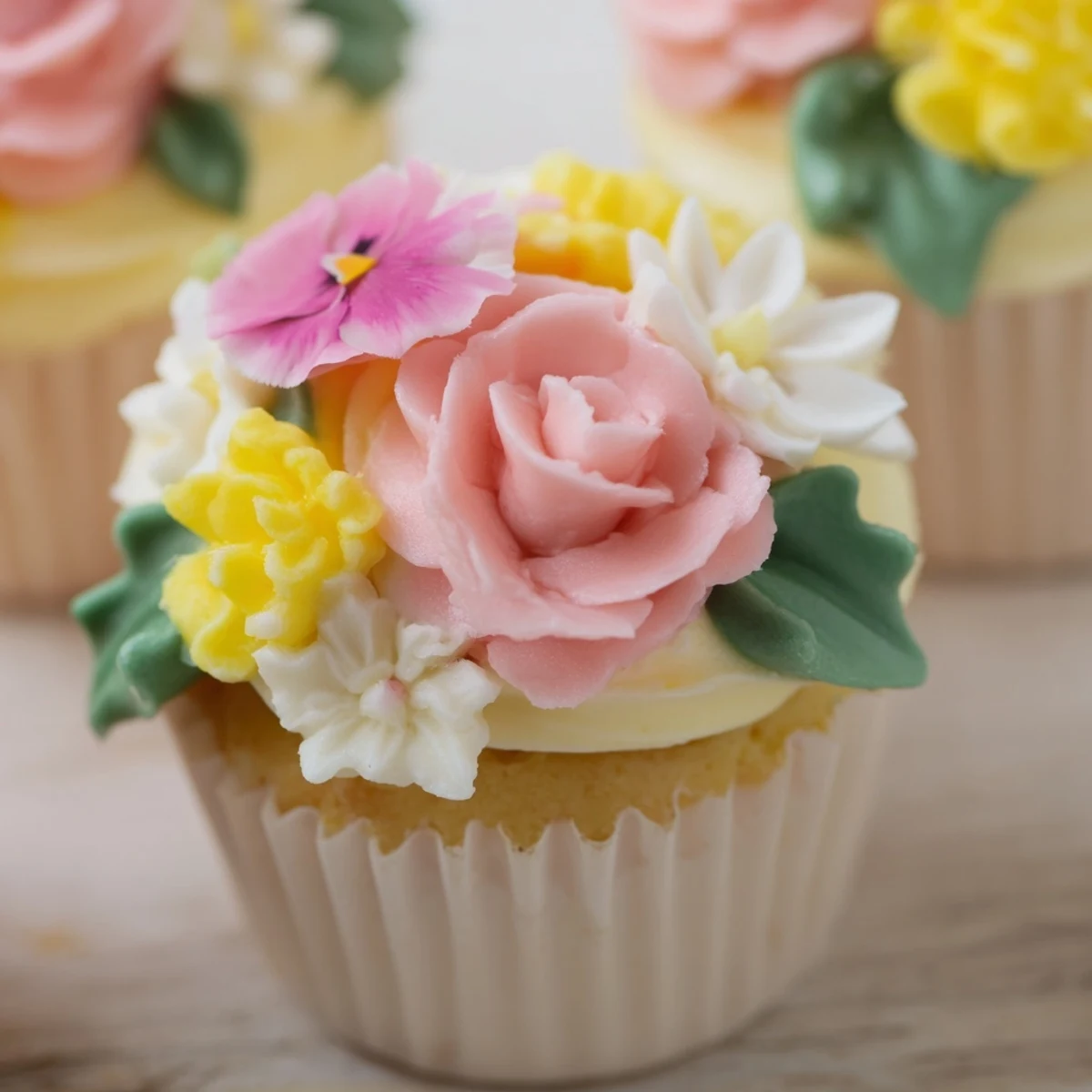 Pastel Baby In Bloom Cupcakes with edible flowers and soft buttercream swirls.