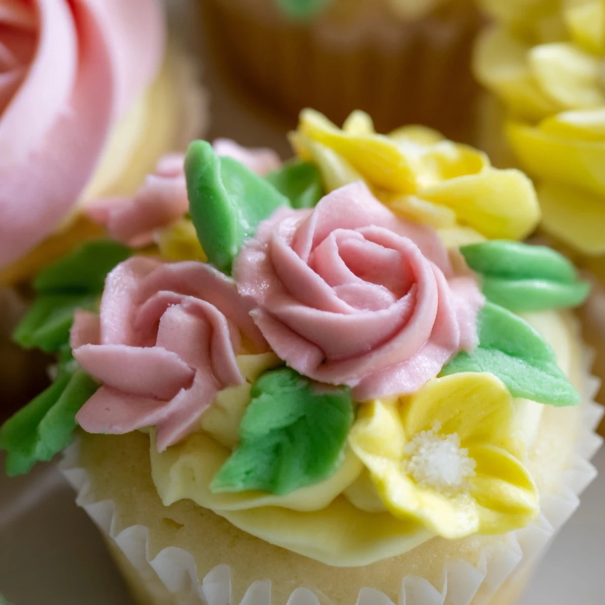Soft vanilla Baby In Bloom Cupcakes topped with dreamy pink and yellow frosting.