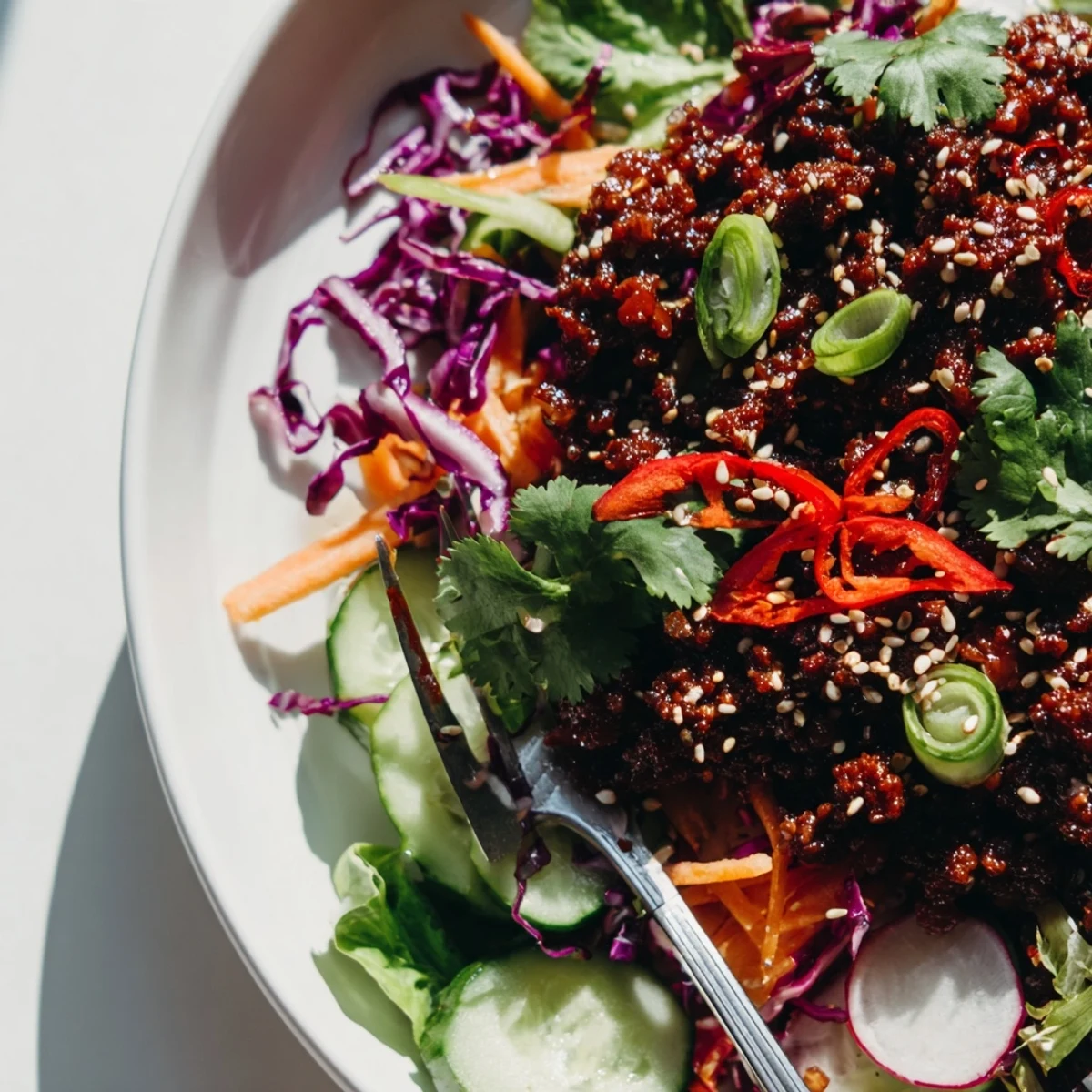 Vibrant Satisfy Your Cravings Spicy Keto Korean Ground Beef Salad with crisp greens and toasted sesame garnish ready to serve.  