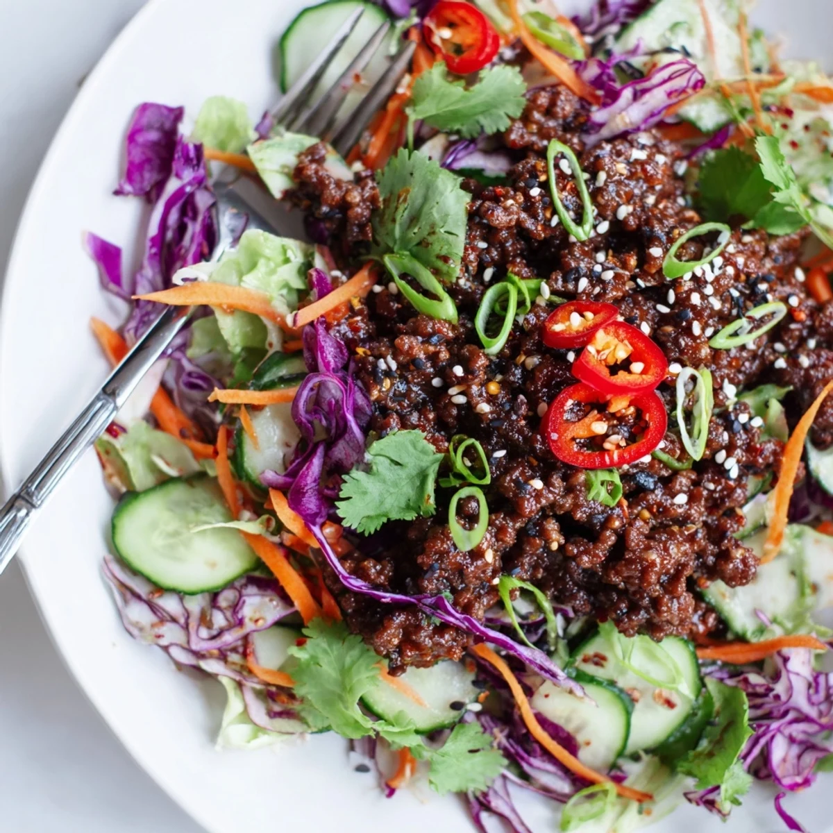 Hearty bowl of Satisfy Your Cravings Spicy Keto Korean Ground Beef Salad drizzled with tangy sesame dressing, perfect for low-carb dinners.  