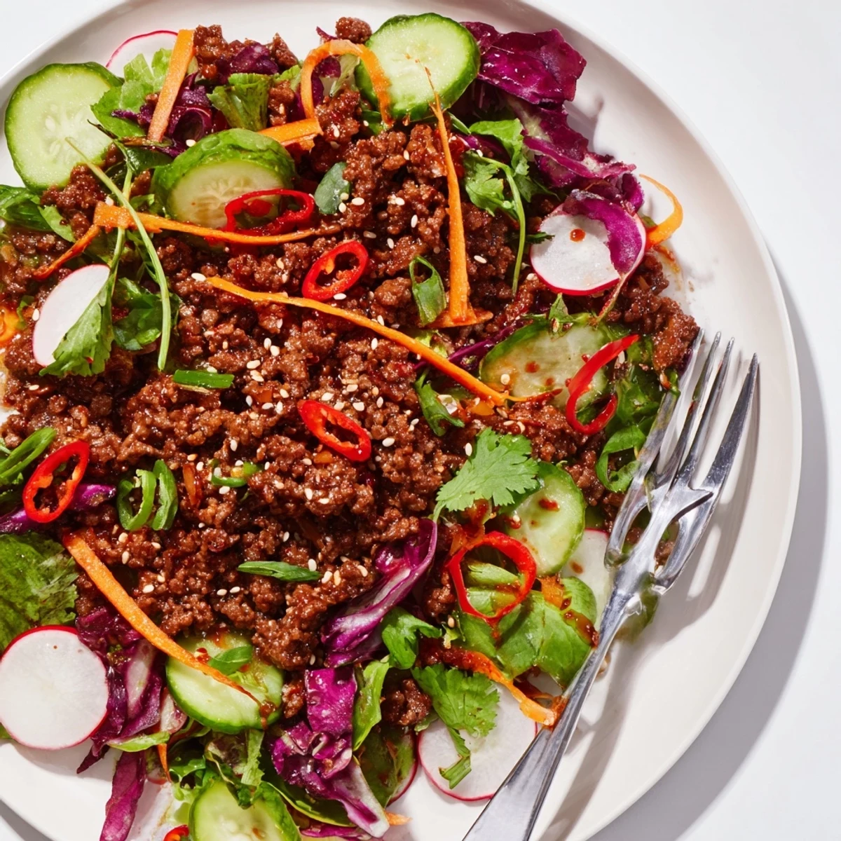 Colorful Satisfy Your Cravings Spicy Keto Korean Ground Beef Salad topped with spicy ground beef and fresh herbs on a rustic plate.