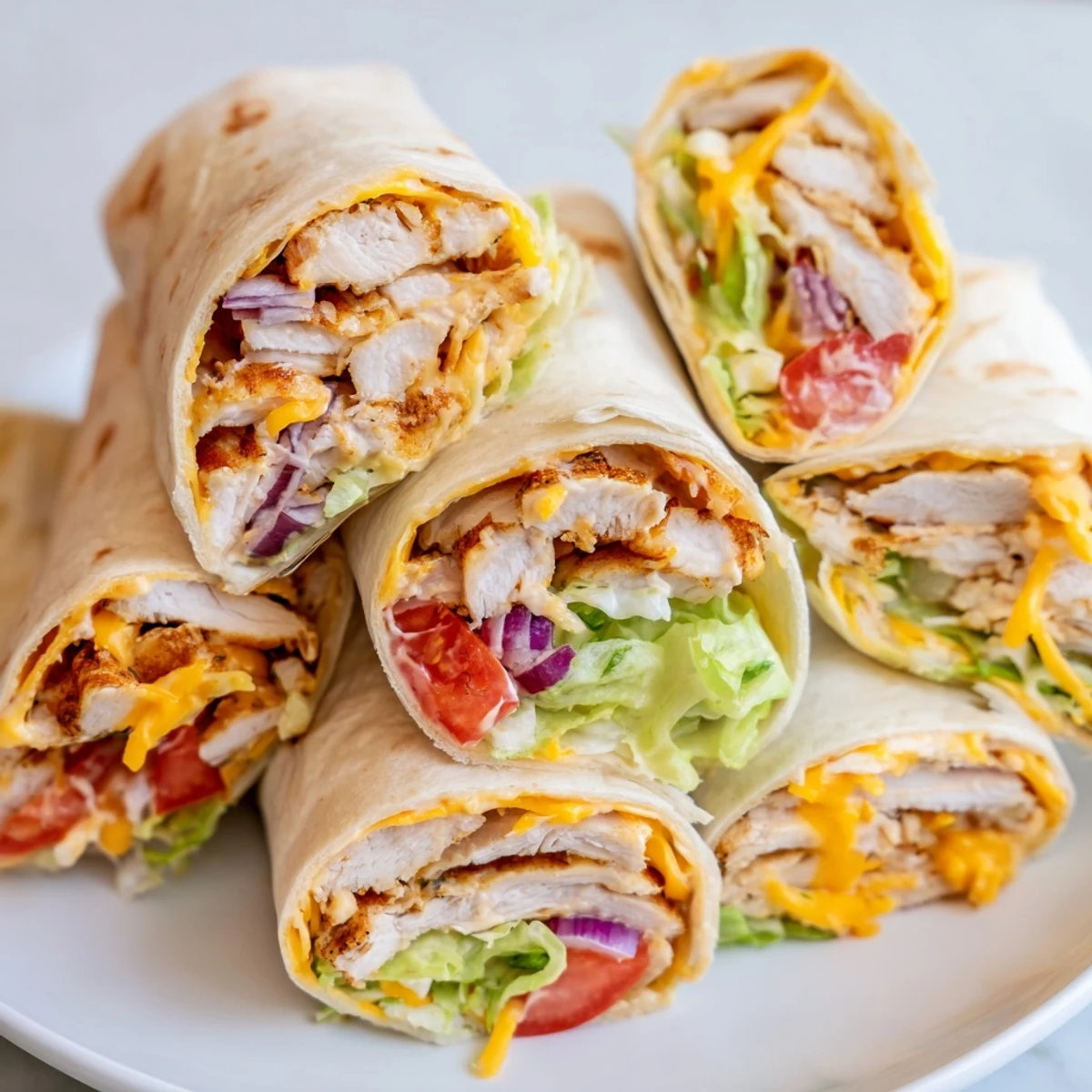 Golden melted mozzarella and cheddar stretch from inside a soft flour tortilla, revealing a filling of garlic-seasoned chicken strips, fresh shredded lettuce, diced tomatoes, and thin red onion slices, offering a delicious view of the Cheesy Garlic Chicken Wraps.