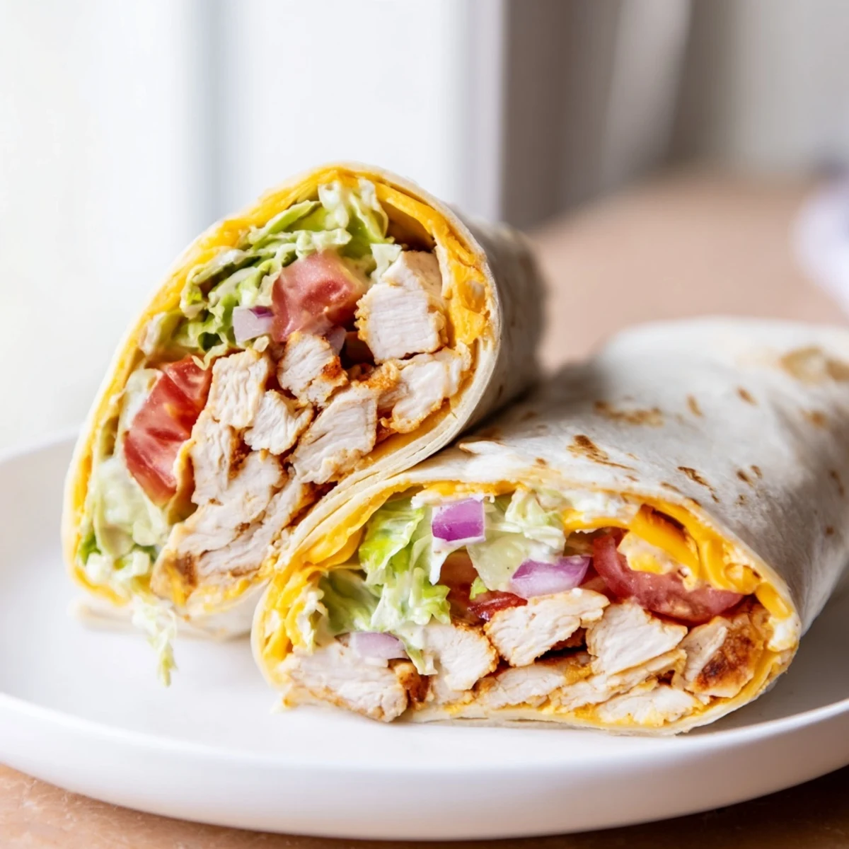 A close-up shows the golden-brown, grilled exterior of a Cheesy Garlic Chicken Wrap, cut in half to display the savory garlic chicken, gooey melted cheese, and crisp vegetable fillings nestled in a warm flour tortilla.