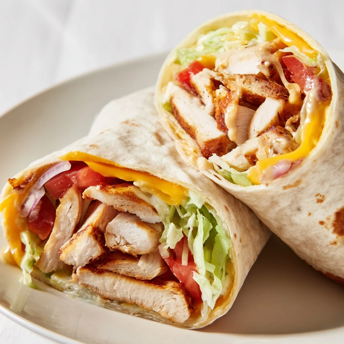 The Cheesy Garlic Chicken Wraps are ready to eat, featuring four tightly rolled tortillas sliced in half on a platter, their juicy chicken and melted cheese center exposed alongside fresh lettuce, tomato, and a side of dipping sauce.
