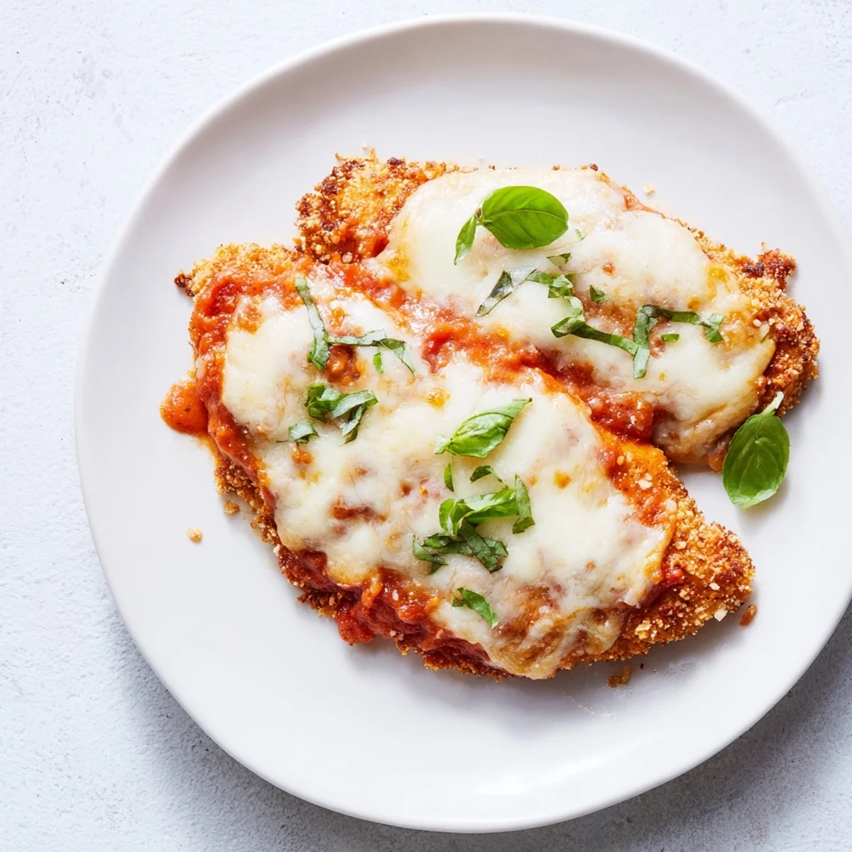 A close-up shot shows juicy chicken breasts with a crunchy almond flour crust under rich marinara sauce, perfect for dinner.