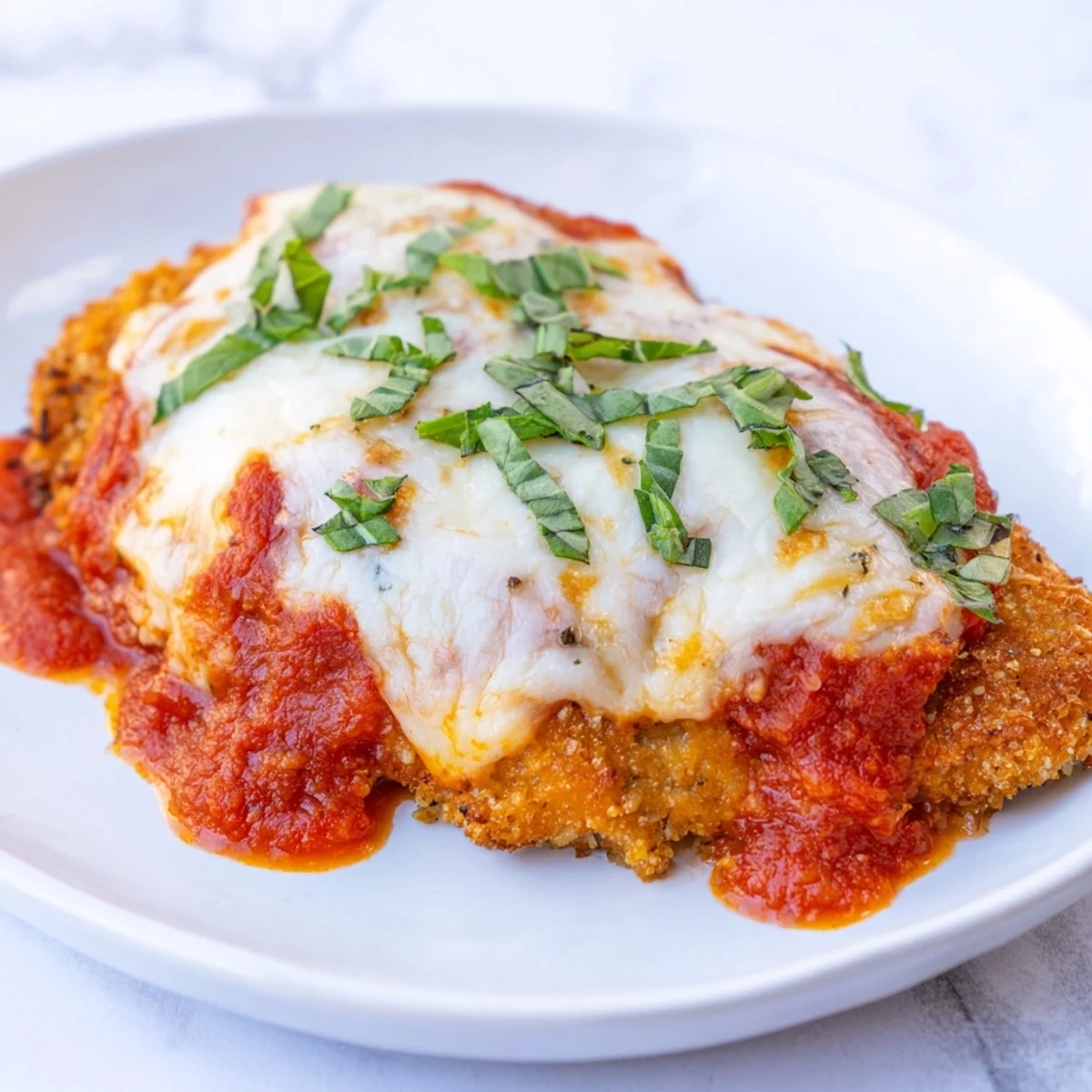 Golden, crispy Keto Chicken Parmesan rests on a white plate with melted mozzarella and fresh basil leaves, ready to serve.