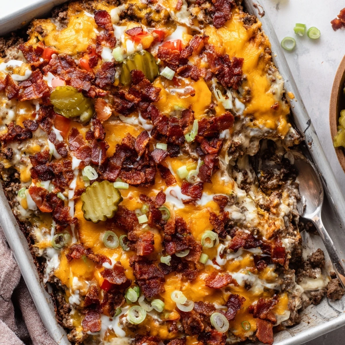 A close-up of Low Carb Bacon Cheeseburger Casserole reveals juicy beef and pickles under creamy sauce.  